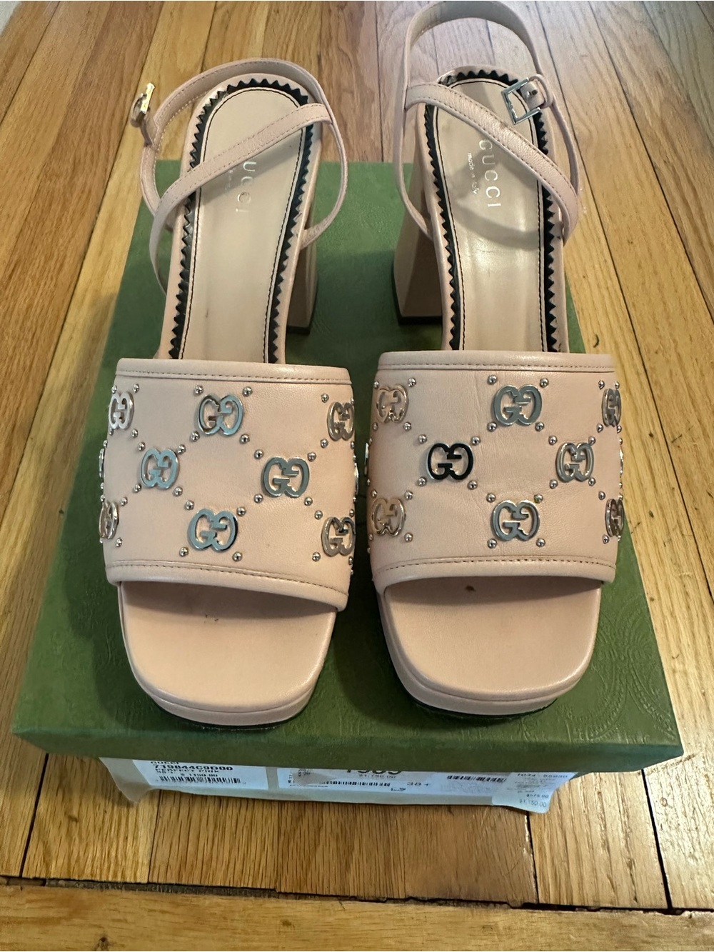 Gucci Pink Leather Block Heel Sandals with GG Stud Details